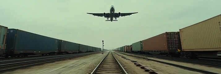 Cargo Plane Flying Above Container Trains on Railway Tracks