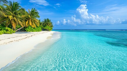Wall Mural - Tranquil tropical beach with crystal clear water and lush palm trees.