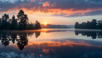 Wall Mural - Tranquil sunrise over misty lake with serene reflections of surrounding trees in calm waters, evoking a peaceful atmosphere.