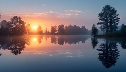 Wall Mural - Tranquil sunrise over misty lake with serene reflections of surrounding trees in calm waters, evoking a peaceful atmosphere.