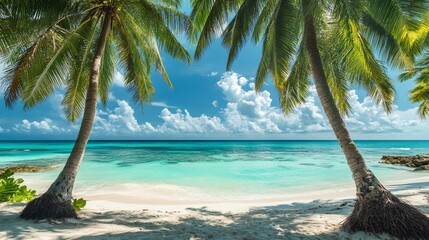 Wall Mural - Tropical beach with white sand, turquoise water, and palm trees framing the view.