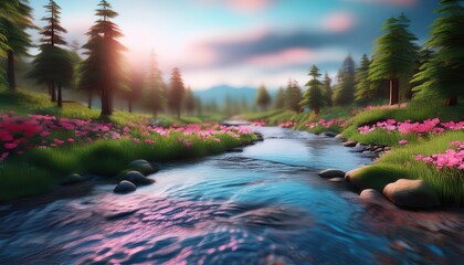 A serene river flows through a lush forest, bathed in the golden glow of sunrise.