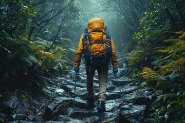 A hiker navigates a rocky trail surrounded by lush greenery during a rainy day in a dense forest