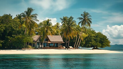 Wall Mural - Tropical island paradise with a beach house and palm trees.