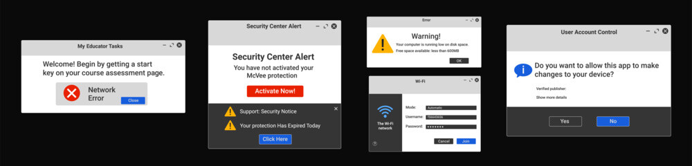 Poster - Security center alert popup. The wifi network interface. User account control. Network error.
