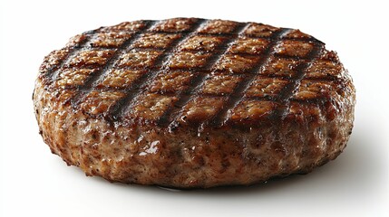 A Single Grilled Hamburger Patty on a White Background