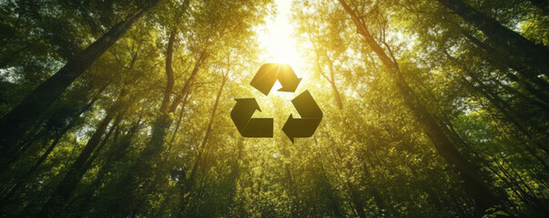 Recycling symbol over green forest with sunlight