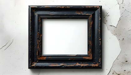 Wall Mural - Rustic empty black frame with textured border on a minimalist white backdrop