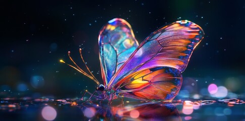 
Beautiful, colorful butterfly with glowing neon lights, highly detailed and intricate, against a dark background