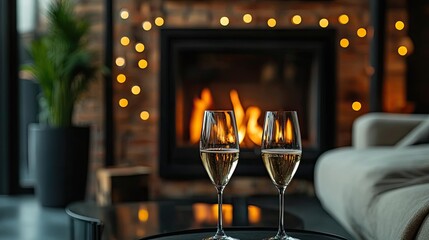 warm and cozy atmosphere with two champagne glasses in front of a glowing fireplace, perfect for cel