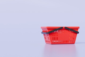 Poster - 3D Red Shopping cart basket icon on isolated purple background. Online Shopping, E-Commerce shopping Concept. Minimal Cartoon Store red shopping basket. Advertising and buying commerce icon. 3d render