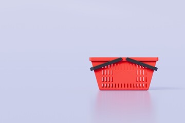 Poster - 3D Red Shopping cart basket icon on isolated purple background. Online Shopping, E-Commerce shopping Concept. Minimal Cartoon Store red shopping basket. Advertising and buying commerce icon. 3d render