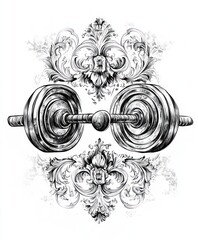 Wall Mural - A detailed illustration of a barbell surrounded by ornate floral designs.