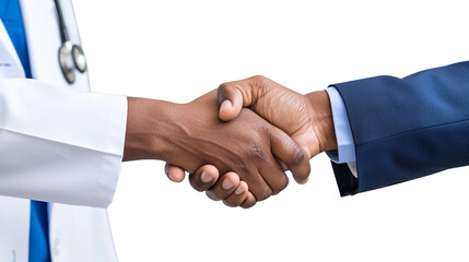 a close-up of two people shaking hands, one wearing business clothes and the other a medical coat, signifying confidence between a businessman and a doctor during a crucial meeting. 