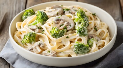 Wall Mural - A bowl of fettuccine with broccoli, in creamy white sauce, Generative AI