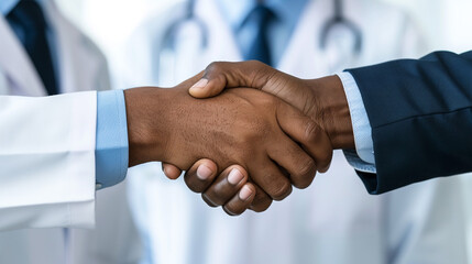 a close-up of two people shaking hands, one wearing business clothes and the other a medical coat, signifying confidence between a businessman and a doctor during a crucial meeting. 