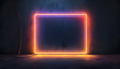 Illuminated blank neon sign framed by a radiant border in a dark atmosphere