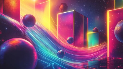 Wall Mural - Abstract Neon Space Scene with Spheres and Glowing Pillars