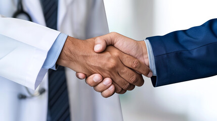 a close-up of two people shaking hands, one wearing business clothes and the other a medical coat, signifying confidence between a businessman and a doctor during a crucial meeting. 