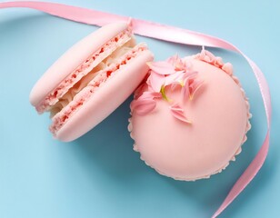 Creative food diet unhealthy eating concept photo of pastel pink tasty fresh baked French macarons macaroons with petals and sugar.