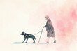 © zgurski1980 - watercolor painting of blind woman walking with a guide dog and cane, copy space, pink, white pastel color