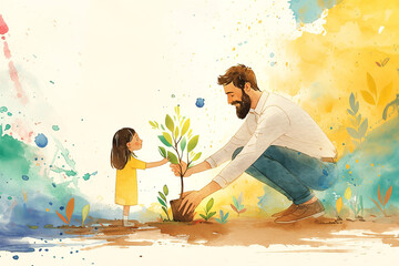 watercolor painting of father and his daughter planting a tree, copy space, pastel color