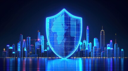 Poster - futuristic city skyline with glowing shield protection abstract concept