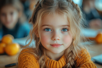 Wall Mural - A young girl with blonde hair and blue eyes is wearing a yellow sweater