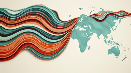 Wall Mural - An abstract illustration of a world map with swirling lines representing global trade routes and cultural connections.