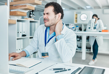 Aufkleber - Neck pain, science and research with man in laboratory for stress, antibiotic resistance news and deadline. Healthcare, medical and fatigue with person for emergency, frustrated and accident