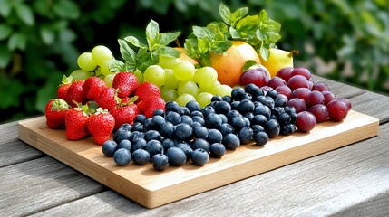 Wall Mural - A colorful selection of fresh fruit arranged on a wooden cutting board.