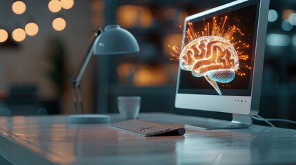 Canvas Print - A computer with a glowing brain, representing the use of artificial intelligence in processing and understanding data.