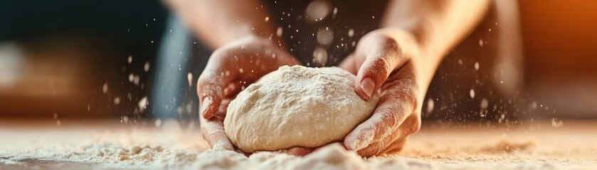 A close-up of hands kneading dough with flour sprinkled, highlighting the art of bread-making and culinary creativity.