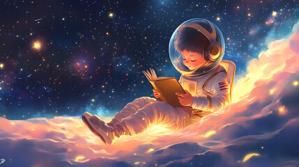 Wall Mural - A boy in space suit is reading book while sitting on cloud in starry sky, evoking sense of wonder and imagination