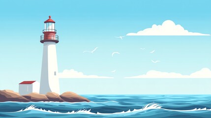 Wall Mural - Lighthouse on a rocky shore with blue sky and sea.