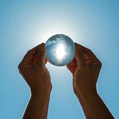 two hands holding a globe with light passing through it.