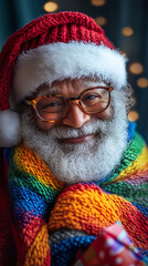 Poster - Inclusive Holiday Spirit with a Diverse Santa Claus and Rainbow Scarf  