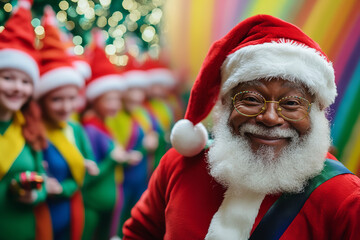 Canvas Print - Santa and Elves Celebrate with Rainbow Decor at LGBT Holiday Party  