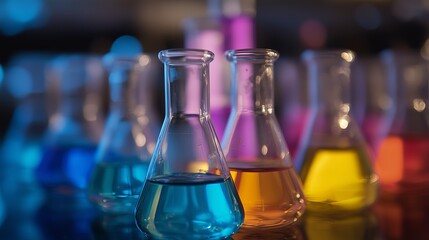 Poster - colorful laboratory glassware filled with liquids on a reflective surface during a scientific experi
