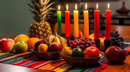 Wall Mural - A beautifully set Kwanzaa table featuring a Kinara with seven candles colorful fruit and traditional symbols