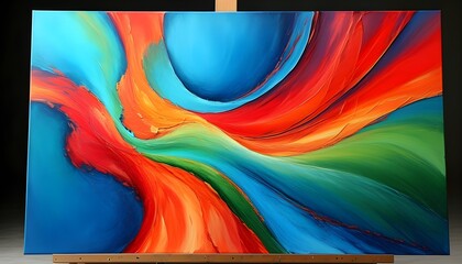 Wall Mural - Vibrant abstract composition in rich colors of red, orange, green, and blue conveying dynamic movement and innovative ideas on a dark canvas