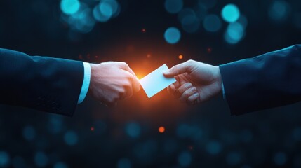 Poster - A handshake between two individuals, exchanging business cards, representing networking and professional introductions.