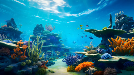 Wall Mural - underwater coral reef landscape in the deep blue ocean with colorful fish and marine life background wallpaper	