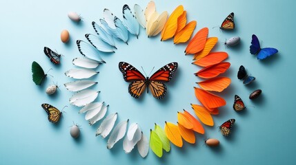 Sticker - A colorful circular timeline depicting the life cycle of a butterfly, showcasing the transformation from egg to adult.