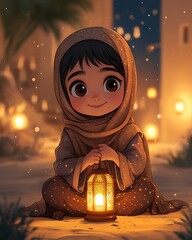 Wall Mural - a young girl in traditional clothing sits on the sand, holding a lit lantern, with glowing lanterns 