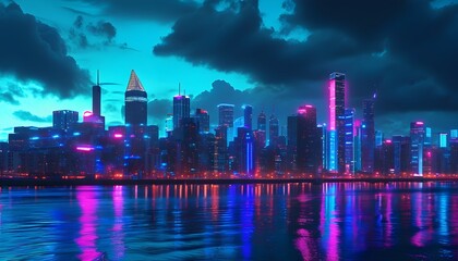 Wall Mural - Neon Blue Hued Holographic Cityscape Projection