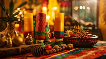 festive Kwanzaa display with colorful decorations and traditional artifacts