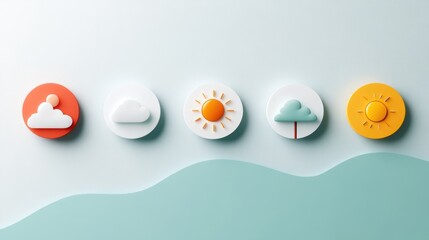 Poster - A set of colorful circular icons showcasing different types of weather, including sunny, cloudy, rainy, and snowy.