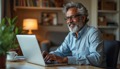 Mature eastern Indian man sitting at home desk front of laptop greeting business partner on screen. 40s freelance entrepreneur businessman communicate remotely online with colleague using pc computer