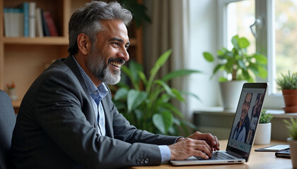 Wall Mural - Mature eastern Indian man sitting at home desk front of laptop greeting business partner on screen. 40s freelance entrepreneur businessman communicate remotely online with colleague using pc computer